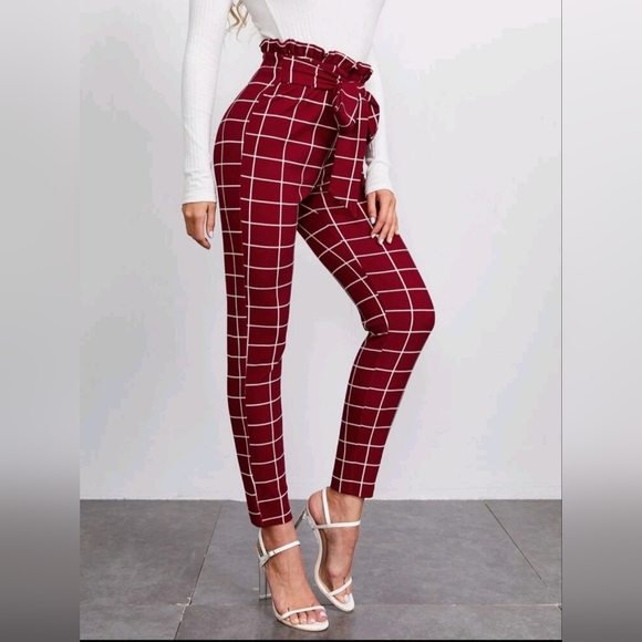 SHEIN Clasi Paperbag Waist Belted Grid Pants Size Large - Picture 1 of 6